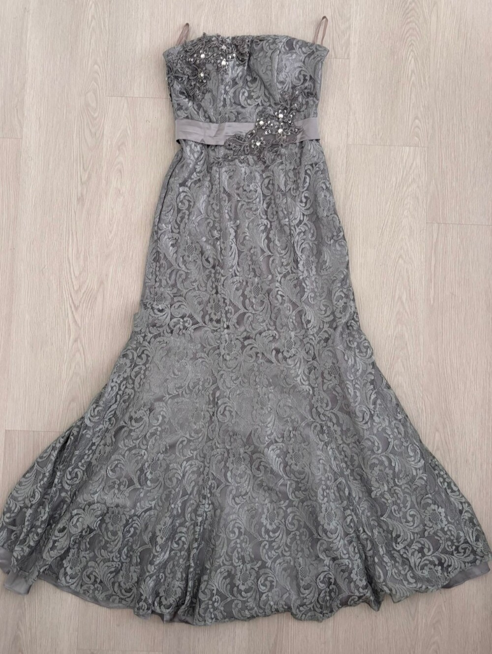 Grey Floral Lace Strapless Dress